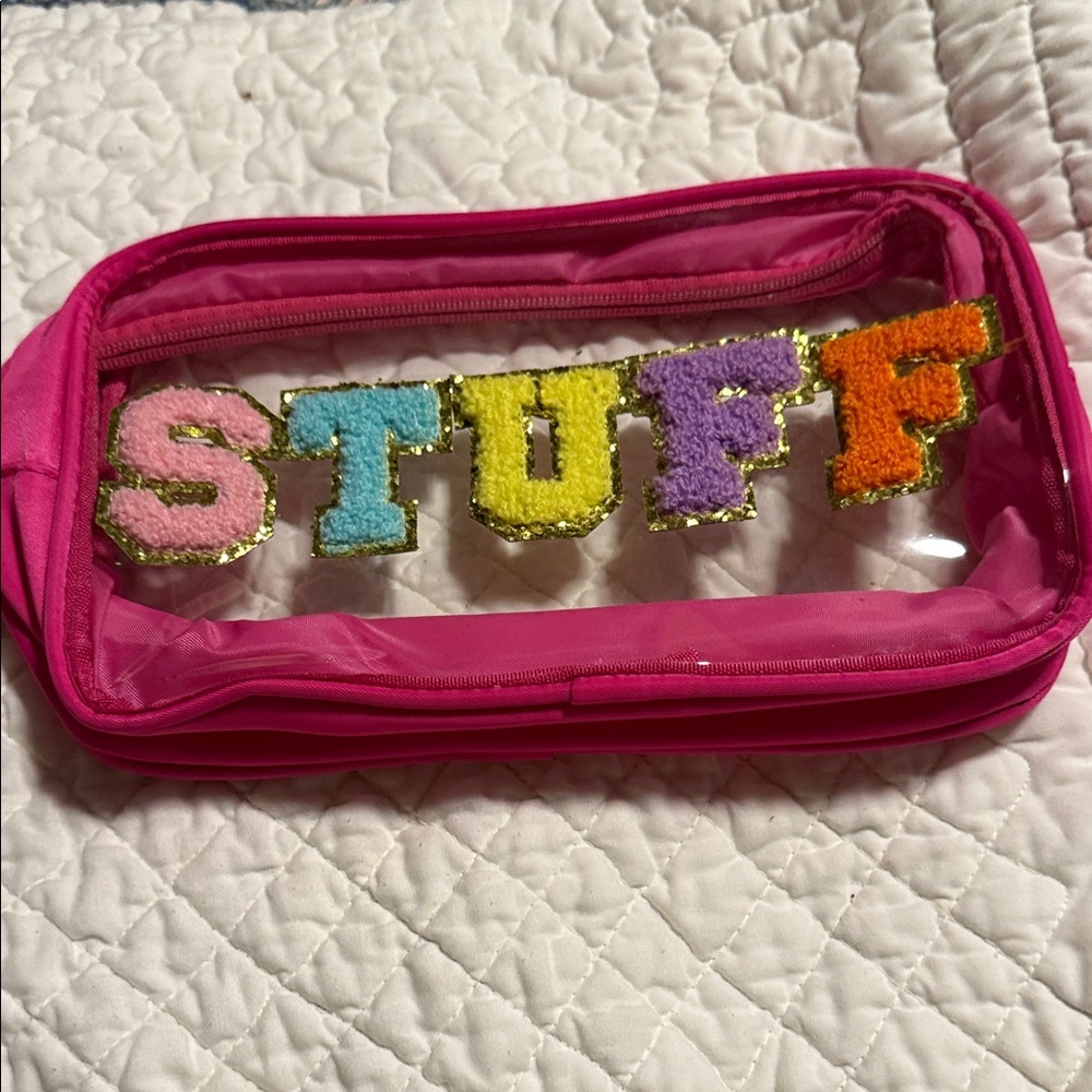 Vibrant Pink Women’s Pouch with Colorful 'STUFF' Design